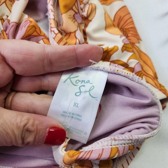 Kona Sol Swimwear One Piece High Coverage Yellow Tropical Floral Size XL NWOT - Picture 4 of 6